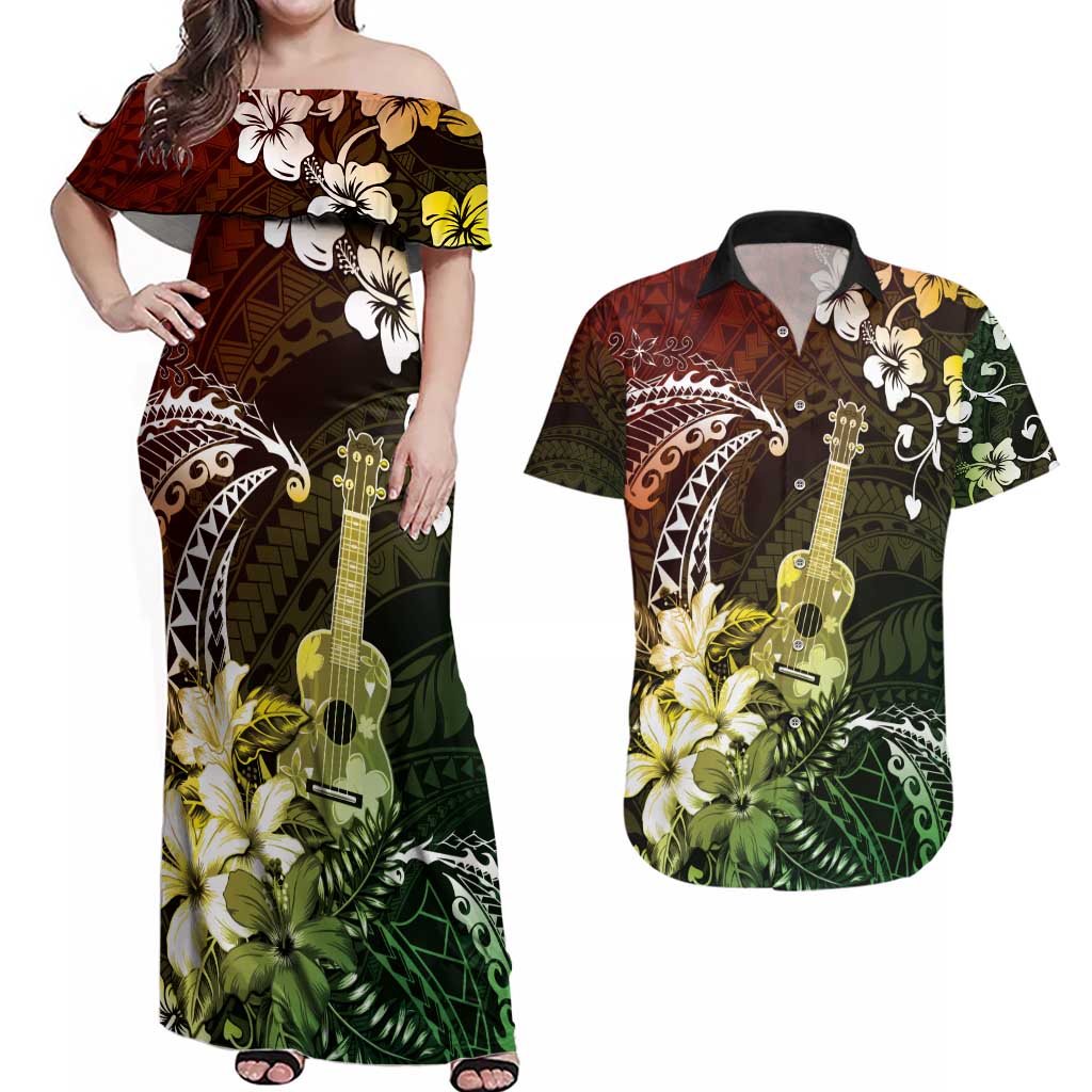 Hawaii Ukulele Couples Matching Off Shoulder Maxi Dress and Hawaiian Shirt Polynesian Pattern Mix Hibiscus Reggae Version LT05