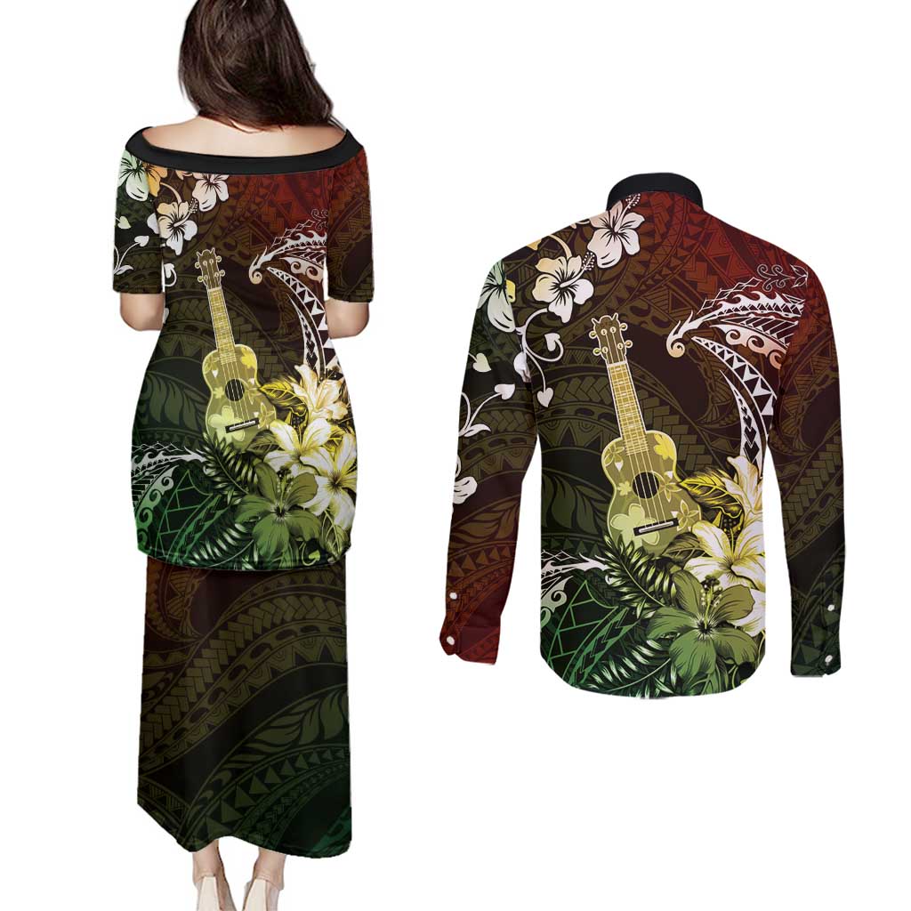 Hawaii Ukulele Couples Matching Puletasi and Long Sleeve Button Shirt Polynesian Pattern Mix Hibiscus Reggae Version LT05 - Polynesian Pride