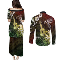 Hawaii Ukulele Couples Matching Puletasi and Long Sleeve Button Shirt Polynesian Pattern Mix Hibiscus Reggae Version LT05 - Polynesian Pride