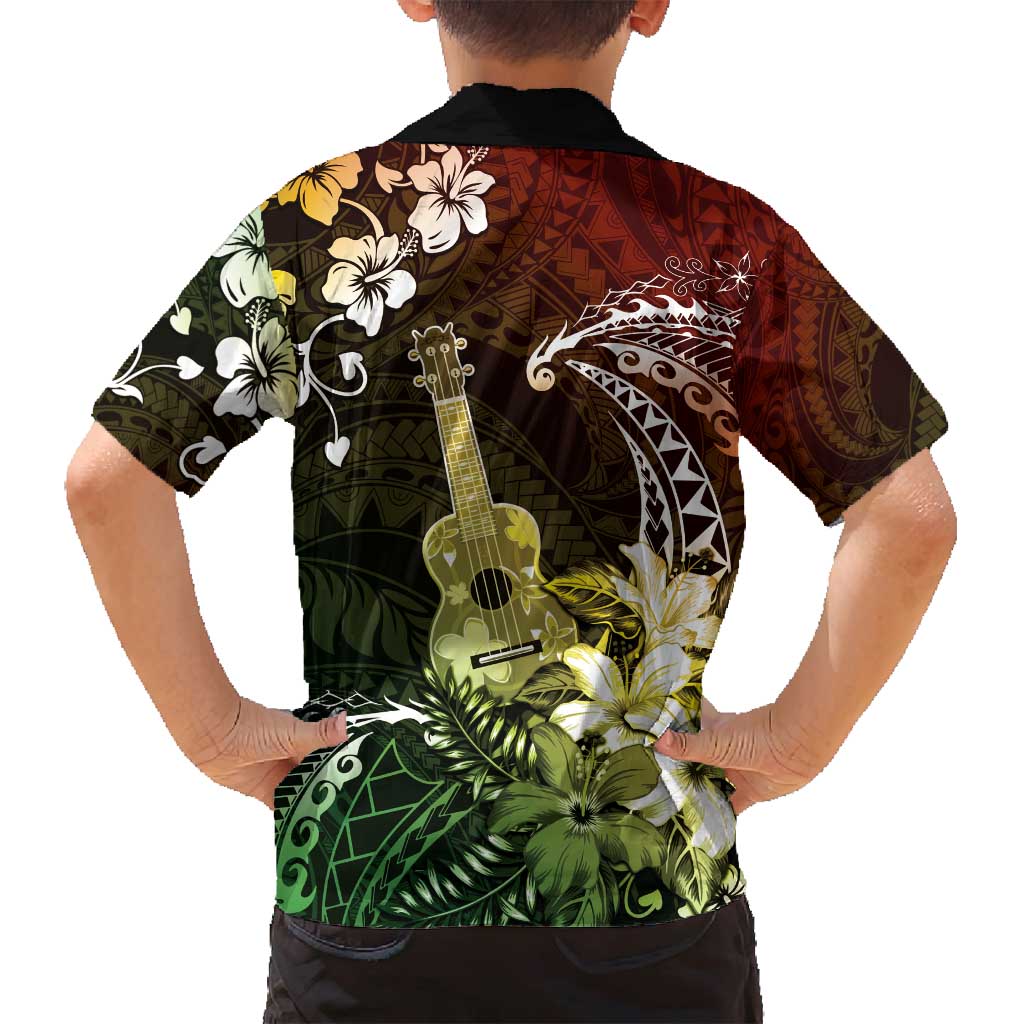 Hawaii Ukulele Family Matching Long Sleeve Bodycon Dress and Hawaiian Shirt Polynesian Pattern Mix Hibiscus Reggae Version LT05 - Polynesian Pride