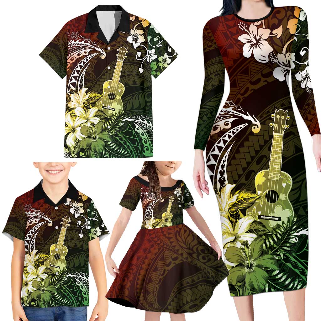 Hawaii Ukulele Family Matching Long Sleeve Bodycon Dress and Hawaiian Shirt Polynesian Pattern Mix Hibiscus Reggae Version LT05 - Polynesian Pride