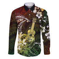 Hawaii Ukulele Family Matching Long Sleeve Bodycon Dress and Hawaiian Shirt Polynesian Pattern Mix Hibiscus Reggae Version LT05 Dad's Shirt - Long Sleeve Reggae - Polynesian Pride