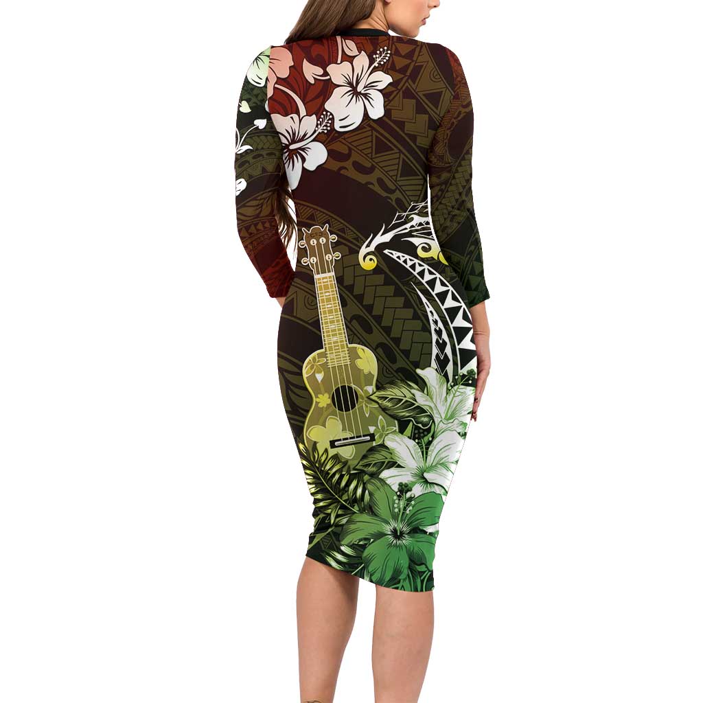 Hawaii Ukulele Family Matching Long Sleeve Bodycon Dress and Hawaiian Shirt Polynesian Pattern Mix Hibiscus Reggae Version LT05 - Polynesian Pride