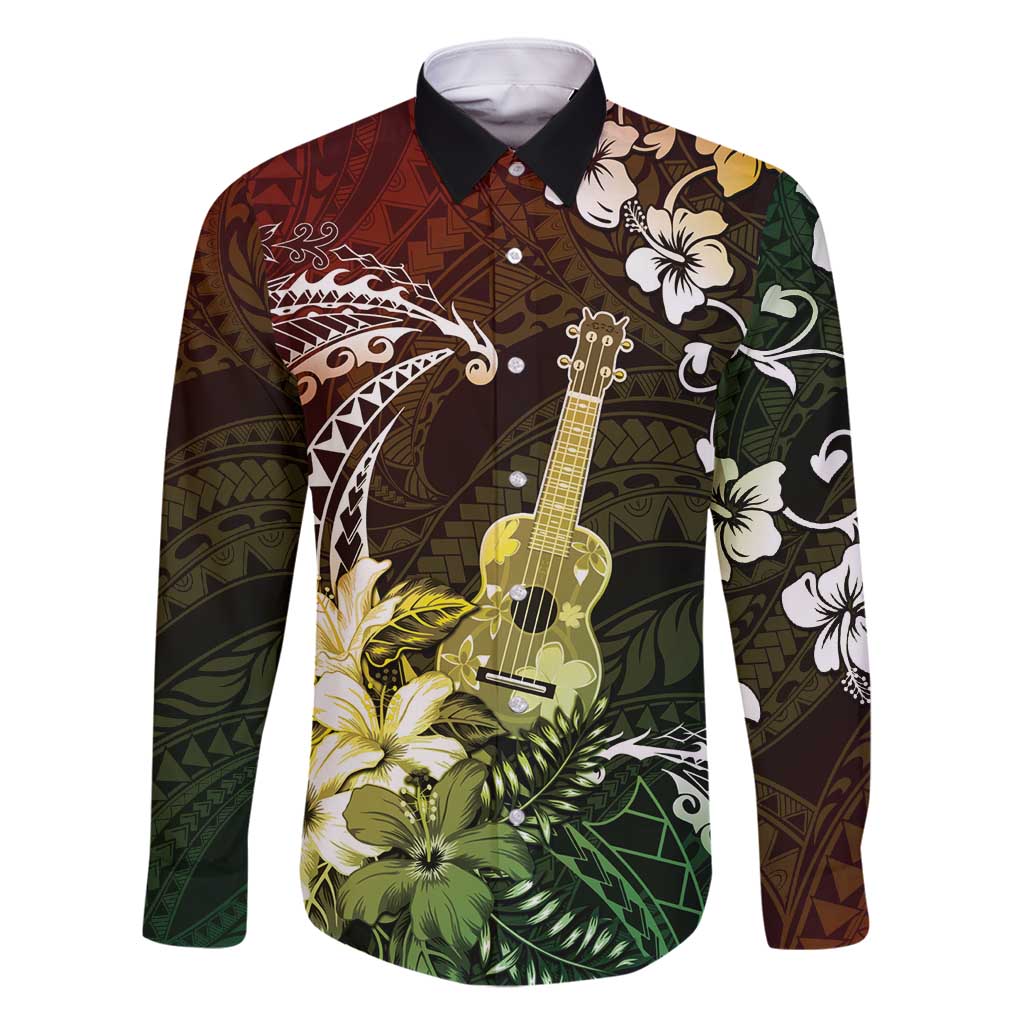 Hawaii Ukulele Family Matching Mermaid Dress and Hawaiian Shirt Polynesian Pattern Mix Hibiscus Reggae Version LT05 Dad's Shirt - Long Sleeve Reggae - Polynesian Pride