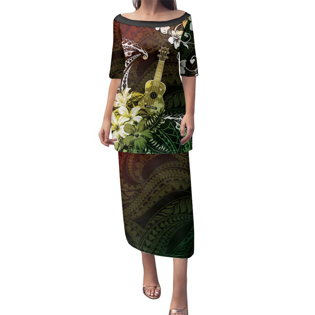 Hawaii Ukulele Family Matching Puletasi and Hawaiian Shirt Polynesian Pattern Mix Hibiscus Reggae Version LT05