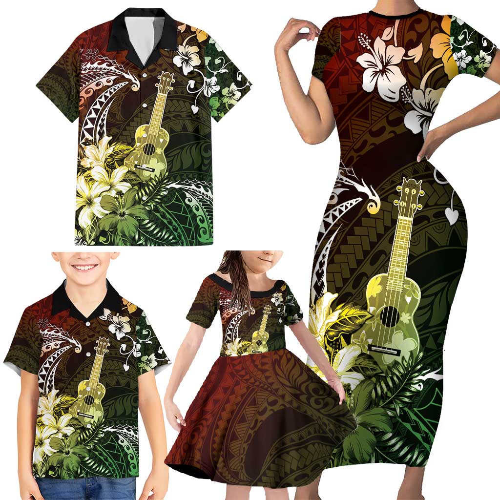 Hawaii Ukulele Family Matching Short Sleeve Bodycon Dress and Hawaiian Shirt Polynesian Pattern Mix Hibiscus Reggae Version LT05 - Polynesian Pride
