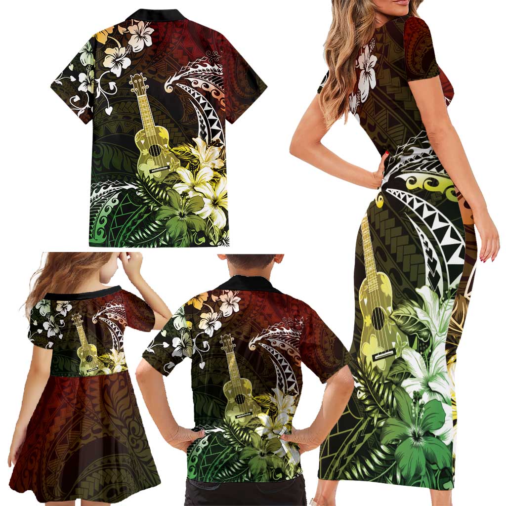Hawaii Ukulele Family Matching Short Sleeve Bodycon Dress and Hawaiian Shirt Polynesian Pattern Mix Hibiscus Reggae Version LT05 - Polynesian Pride