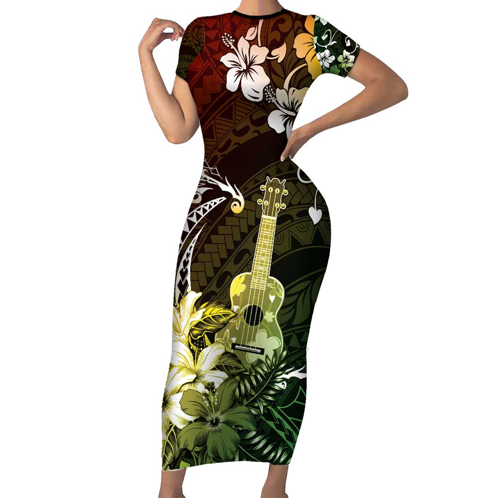 Hawaii Ukulele Family Matching Short Sleeve Bodycon Dress and Hawaiian Shirt Polynesian Pattern Mix Hibiscus Reggae Version LT05 Mom's Dress Reggae - Polynesian Pride