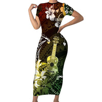 Hawaii Ukulele Family Matching Short Sleeve Bodycon Dress and Hawaiian Shirt Polynesian Pattern Mix Hibiscus Reggae Version LT05 Mom's Dress Reggae - Polynesian Pride