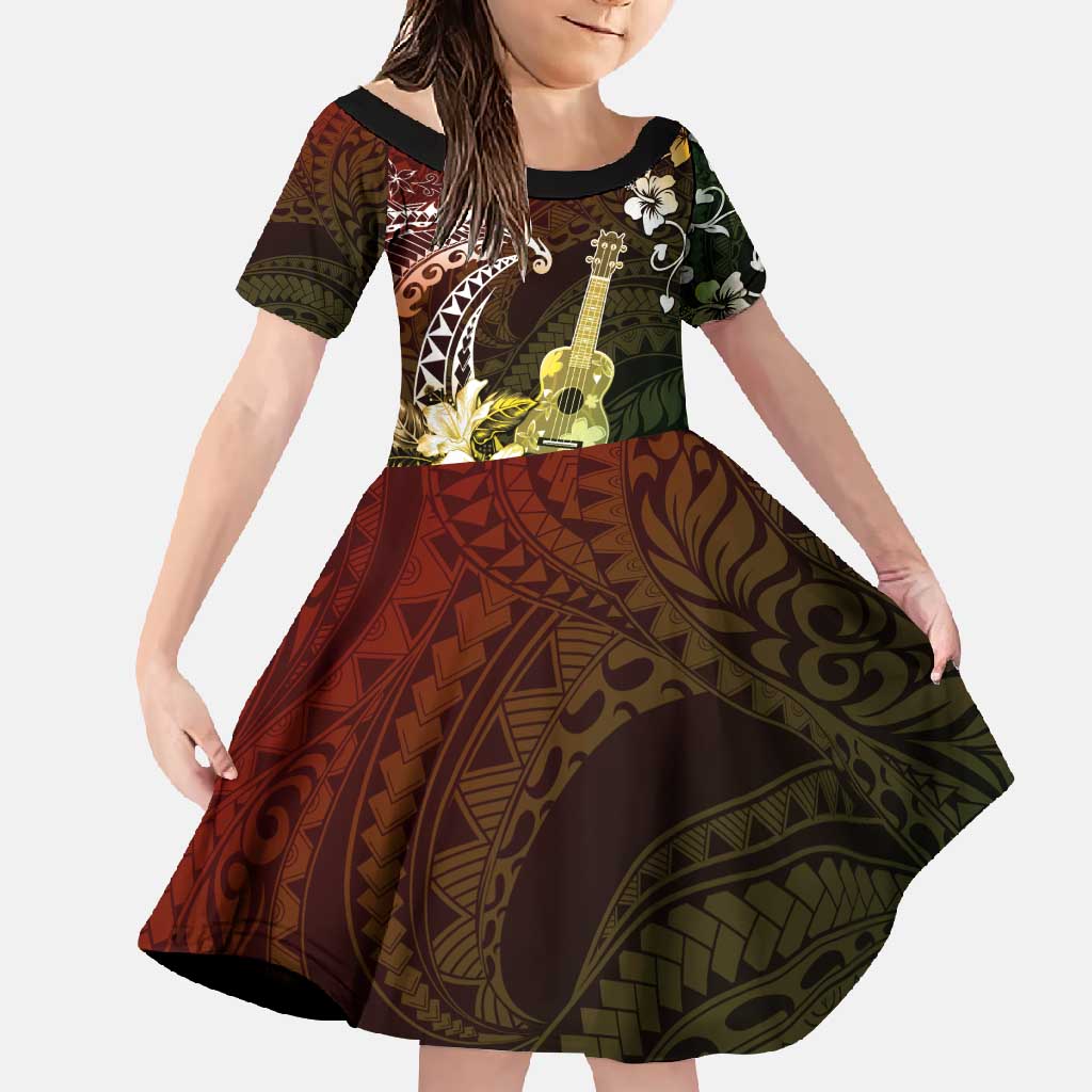 Hawaii Ukulele Family Matching Tank Maxi Dress and Hawaiian Shirt Polynesian Pattern Mix Hibiscus Reggae Version LT05 Daughter's Dress Reggae - Polynesian Pride