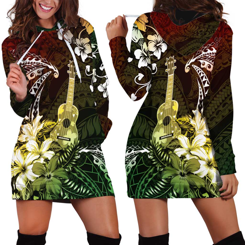 Hawaii Ukulele Hoodie Dress Polynesian Pattern Mix Hibiscus Reggae Version LT05