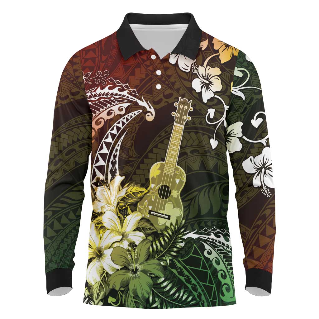 Hawaii Ukulele Long Sleeve Polo Shirt Polynesian Pattern Mix Hibiscus Reggae Version LT05 Reggae - Polynesian Pride