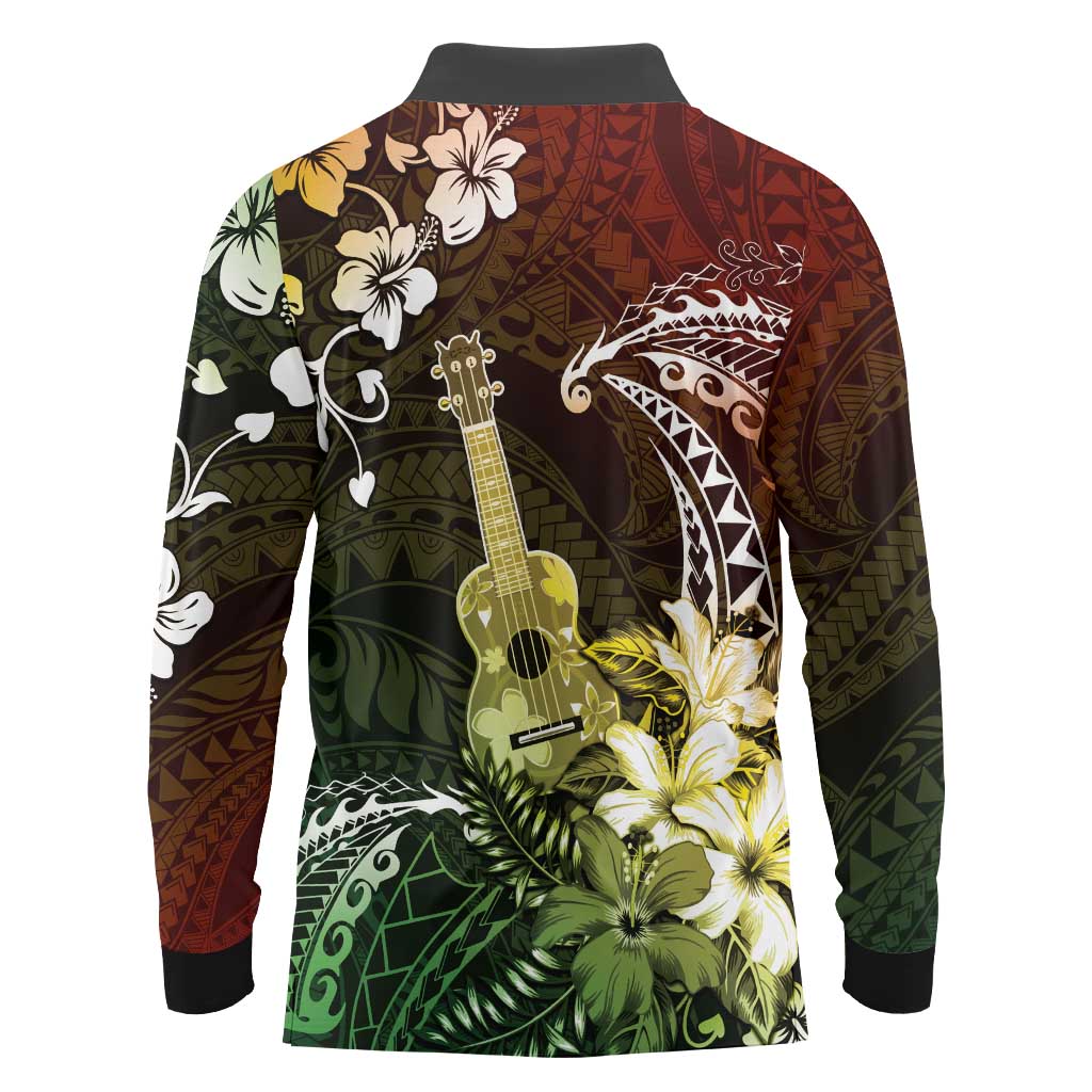 Hawaii Ukulele Long Sleeve Polo Shirt Polynesian Pattern Mix Hibiscus Reggae Version LT05 - Polynesian Pride