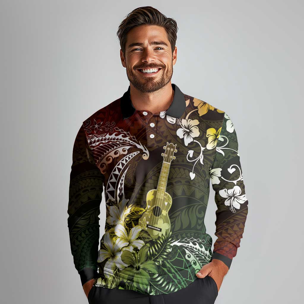Hawaii Ukulele Long Sleeve Polo Shirt Polynesian Pattern Mix Hibiscus Reggae Version LT05 - Polynesian Pride