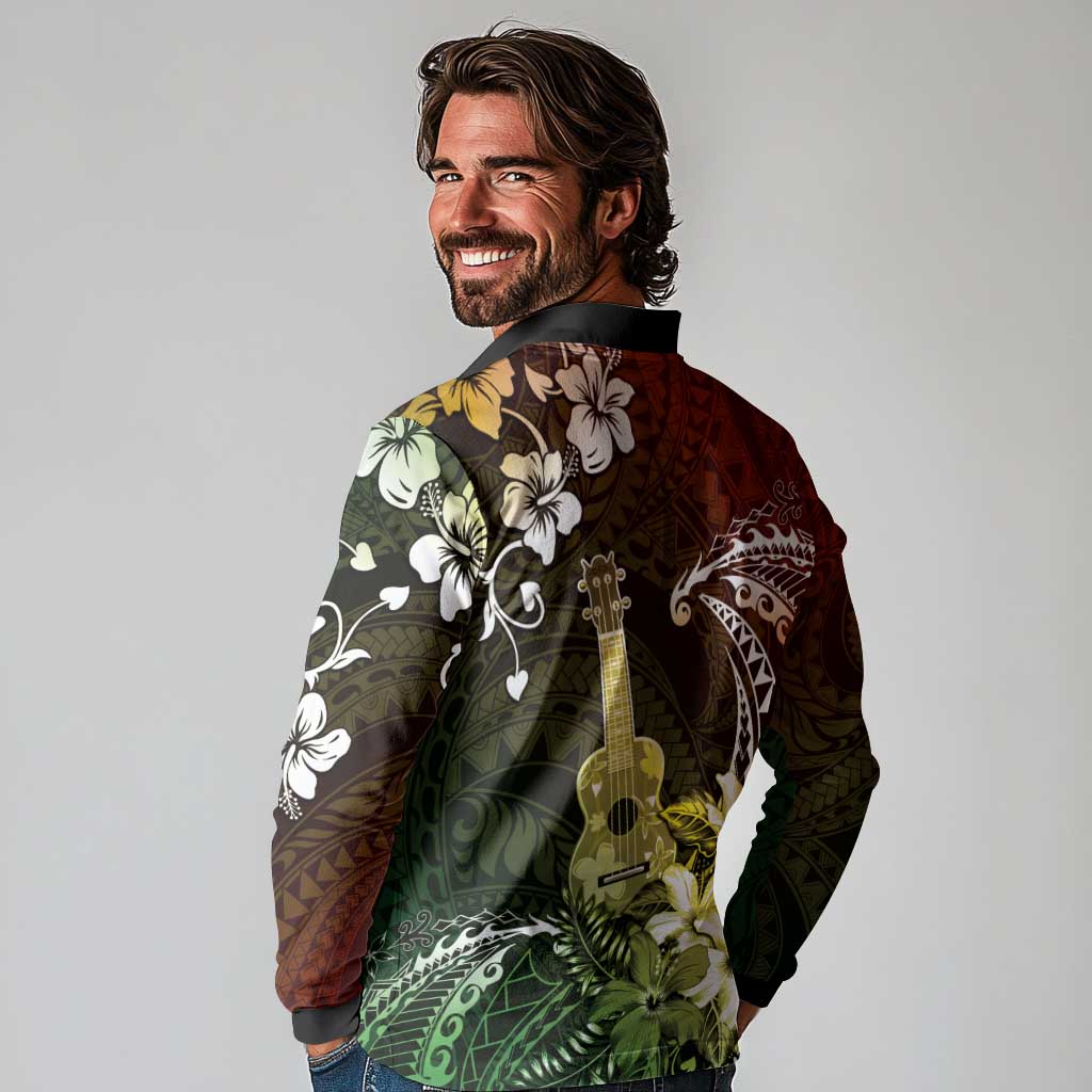 Hawaii Ukulele Long Sleeve Polo Shirt Polynesian Pattern Mix Hibiscus Reggae Version LT05 - Polynesian Pride