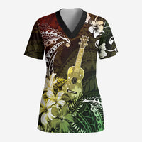Hawaii Ukulele Scrub Top Polynesian Pattern Mix Hibiscus Reggae Version - Polynesian Pride