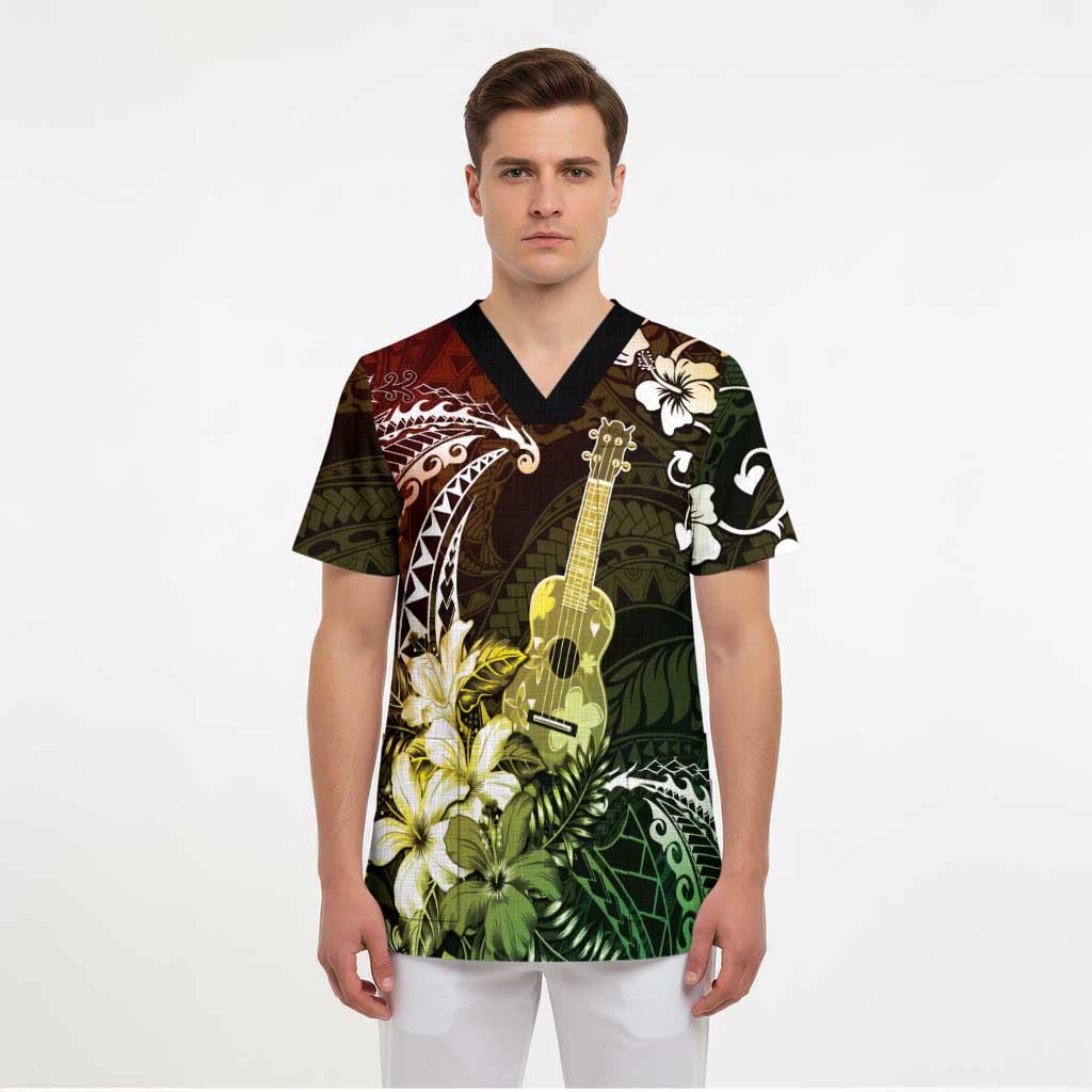 Hawaii Ukulele Scrub Top Polynesian Pattern Mix Hibiscus Reggae Version - Polynesian Pride