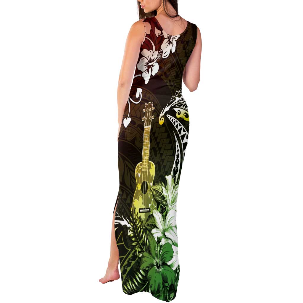 Hawaii Ukulele Tank Maxi Dress Polynesian Pattern Mix Hibiscus Reggae Version LT05