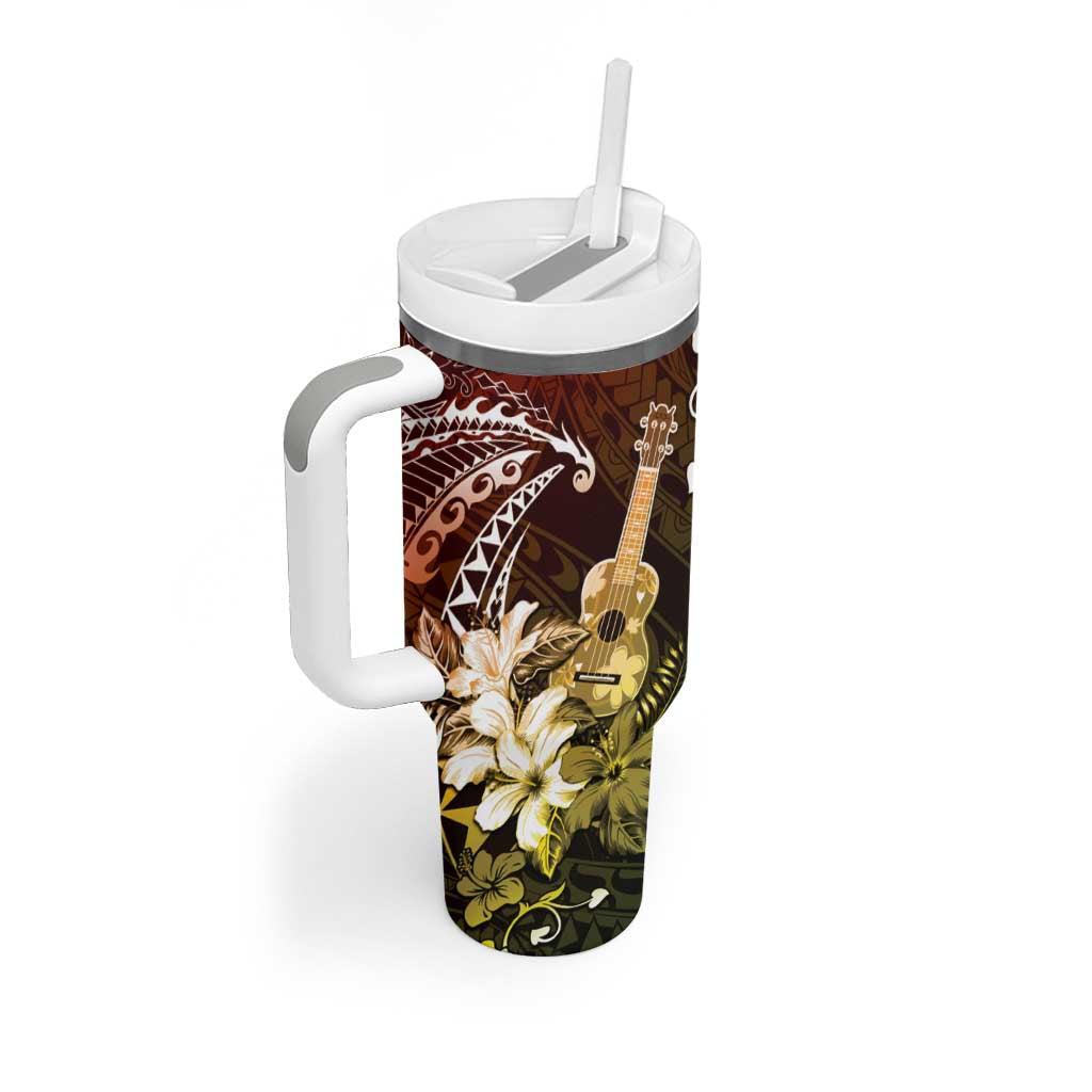 Hawaii Ukulele Tumbler With Handle Polynesian Pattern Mix Hibiscus Reggae Version