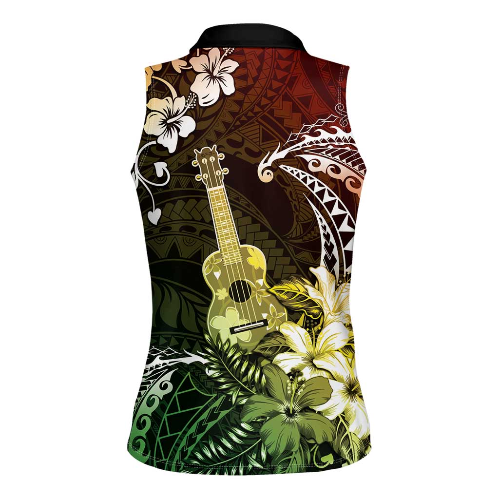 Hawaii Ukulele Women Sleeveless Polo Shirt Polynesian Pattern Mix Hibiscus Reggae Version LT05 - Polynesian Pride