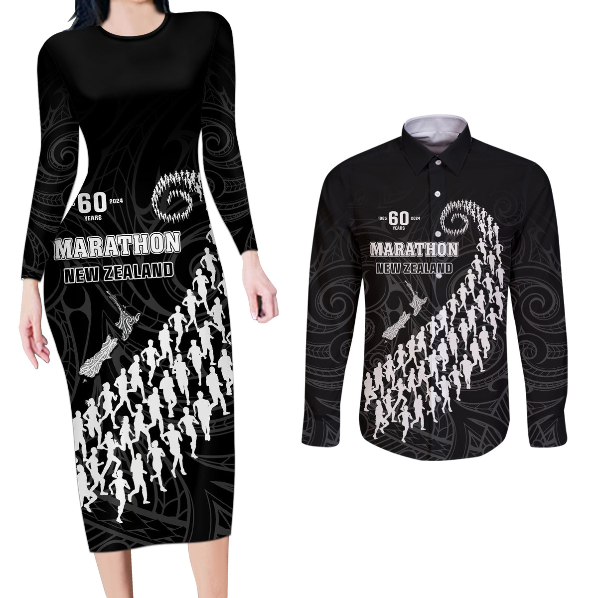 Custom New Zealand Marathon Couples Matching Long Sleeve Bodycon Dress and Long Sleeve Button Shirt Maori Style LT05 Black - Polynesian Pride
