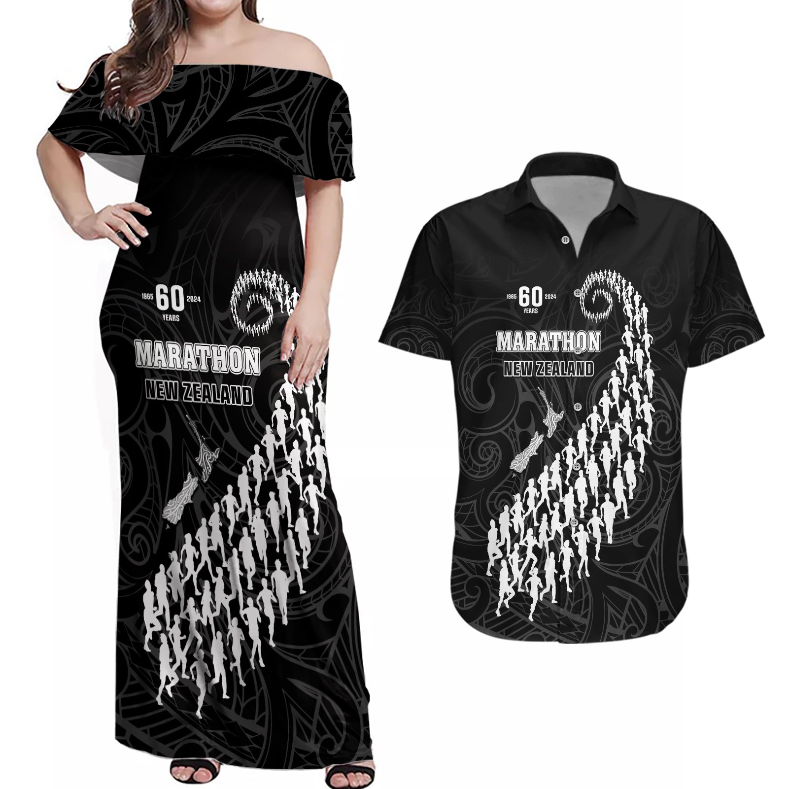 Custom New Zealand Marathon Couples Matching Off Shoulder Maxi Dress and Hawaiian Shirt Maori Style