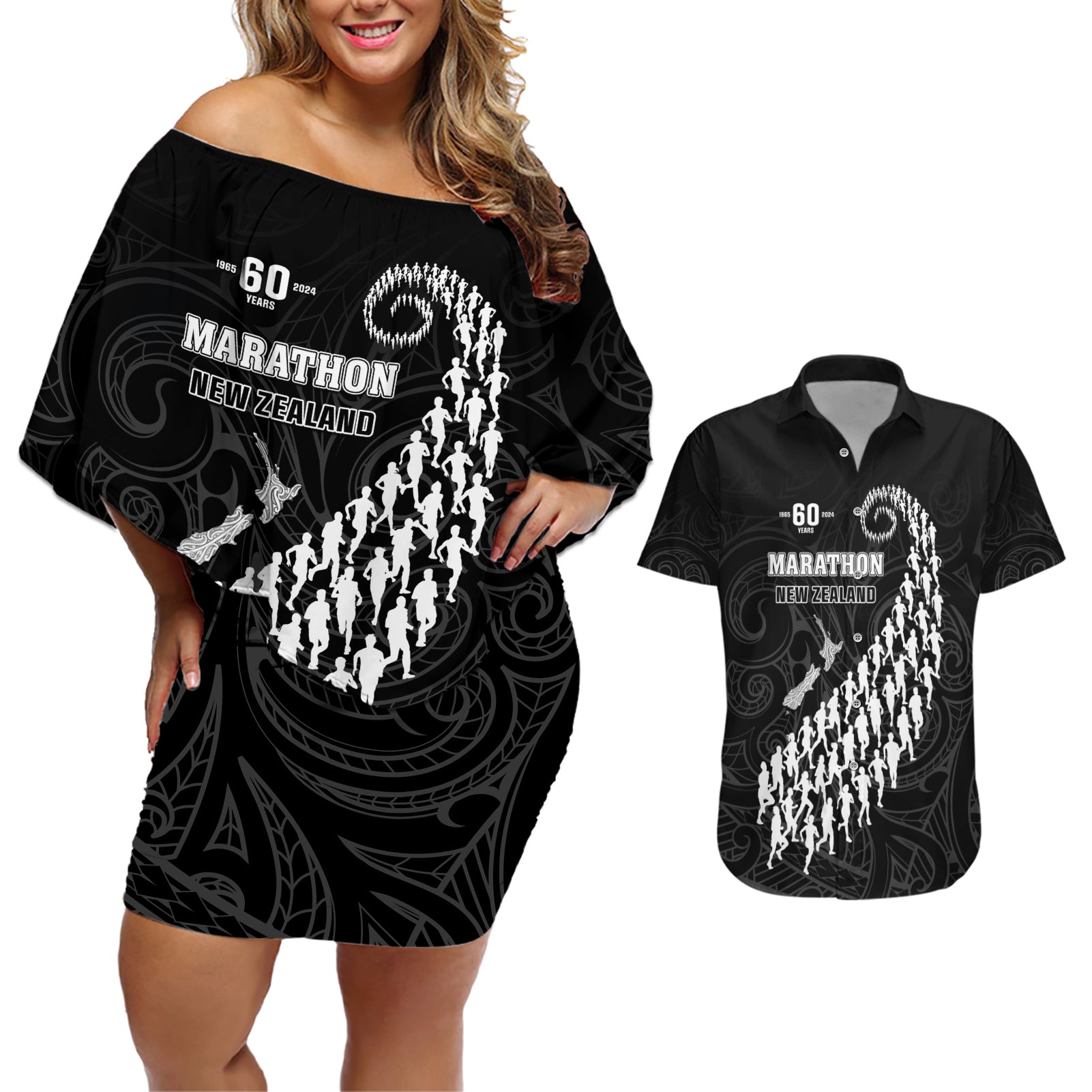 Custom New Zealand Marathon Couples Matching Off Shoulder Short Dress and Hawaiian Shirt Maori Style