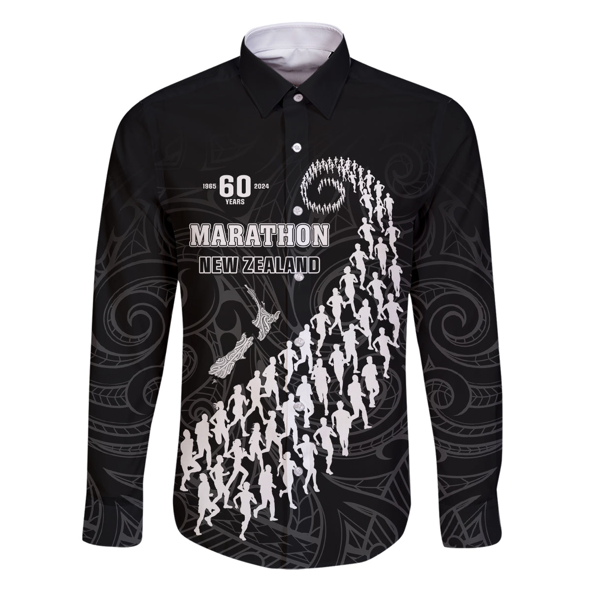 Custom New Zealand Marathon Family Matching Mermaid Dress and Hawaiian Shirt Maori Style LT05 Dad's Shirt - Long Sleeve Black - Polynesian Pride