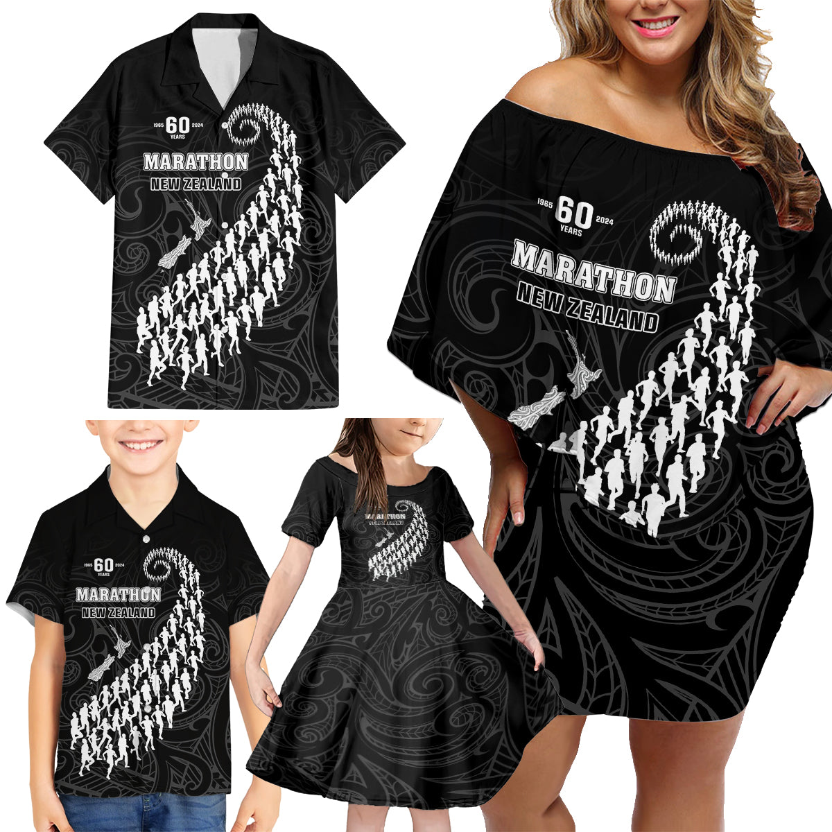 Custom New Zealand Marathon Family Matching Off Shoulder Short Dress and Hawaiian Shirt Maori Style