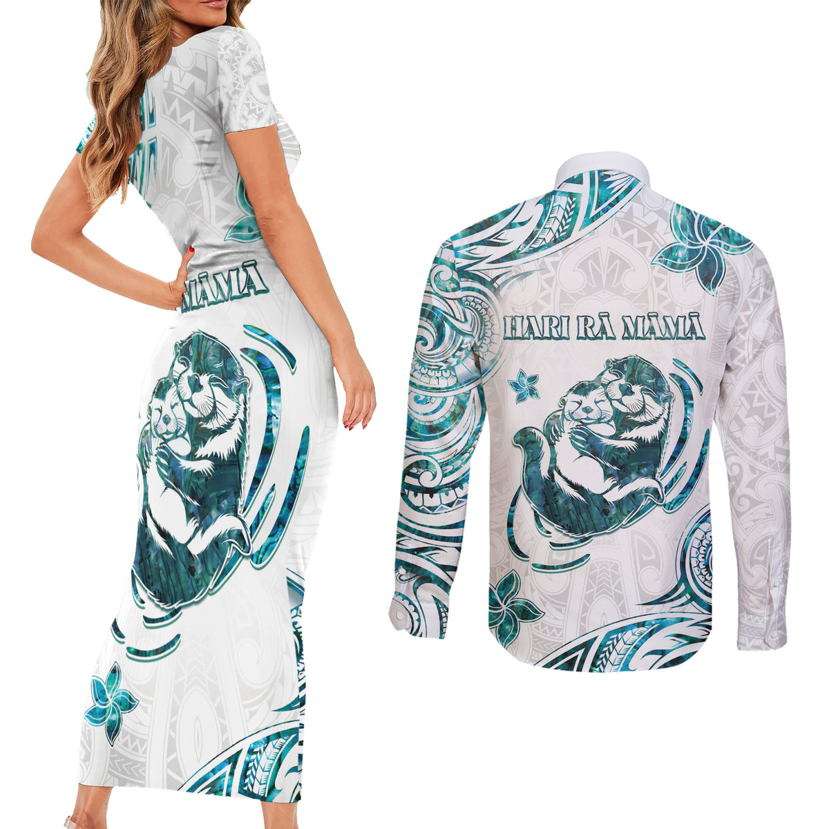 New Zealand Aotearoa Hari Ra Mama Couples Matching Short Sleeve Bodycon Dress and Long Sleeve Button Shirt A Mother's Love Is Like No Otter LT05 - Polynesian Pride