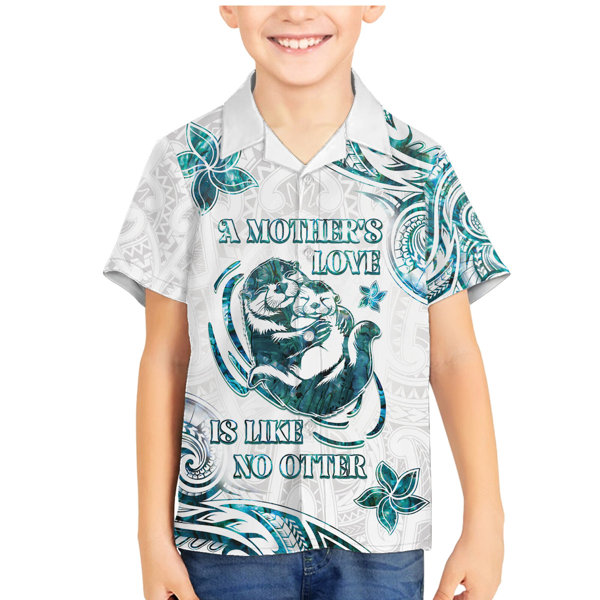 New Zealand Aotearoa Hari Ra Mama Family Matching Mermaid Dress and Hawaiian Shirt A Mother's Love Is Like No Otter LT05 Son's Shirt White - Polynesian Pride