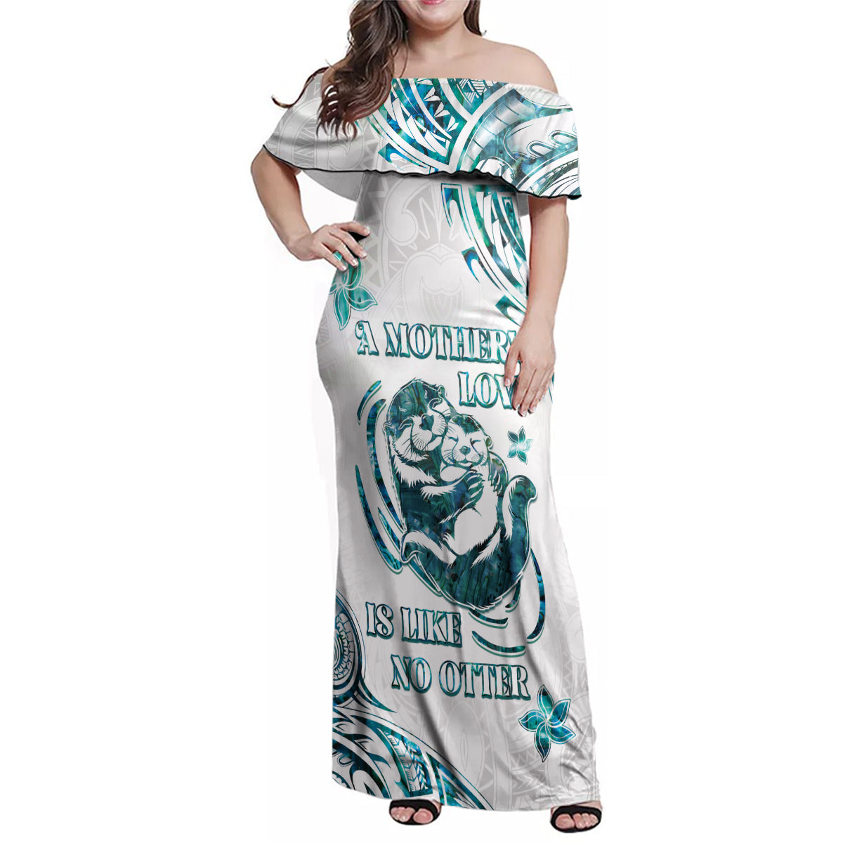 New Zealand Aotearoa Hari Ra Mama Family Matching Off Shoulder Maxi Dress and Hawaiian Shirt A Mother's Love Is Like No Otter LT05 Mom's Dress White - Polynesian Pride