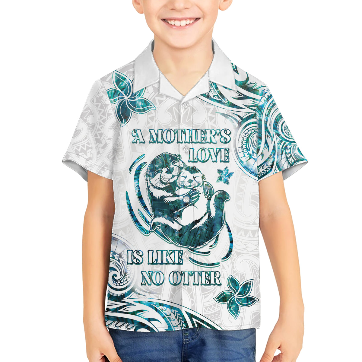 New Zealand Aotearoa Hari Ra Mama Family Matching Short Sleeve Bodycon Dress and Hawaiian Shirt A Mother's Love Is Like No Otter LT05 Son's Shirt White - Polynesian Pride