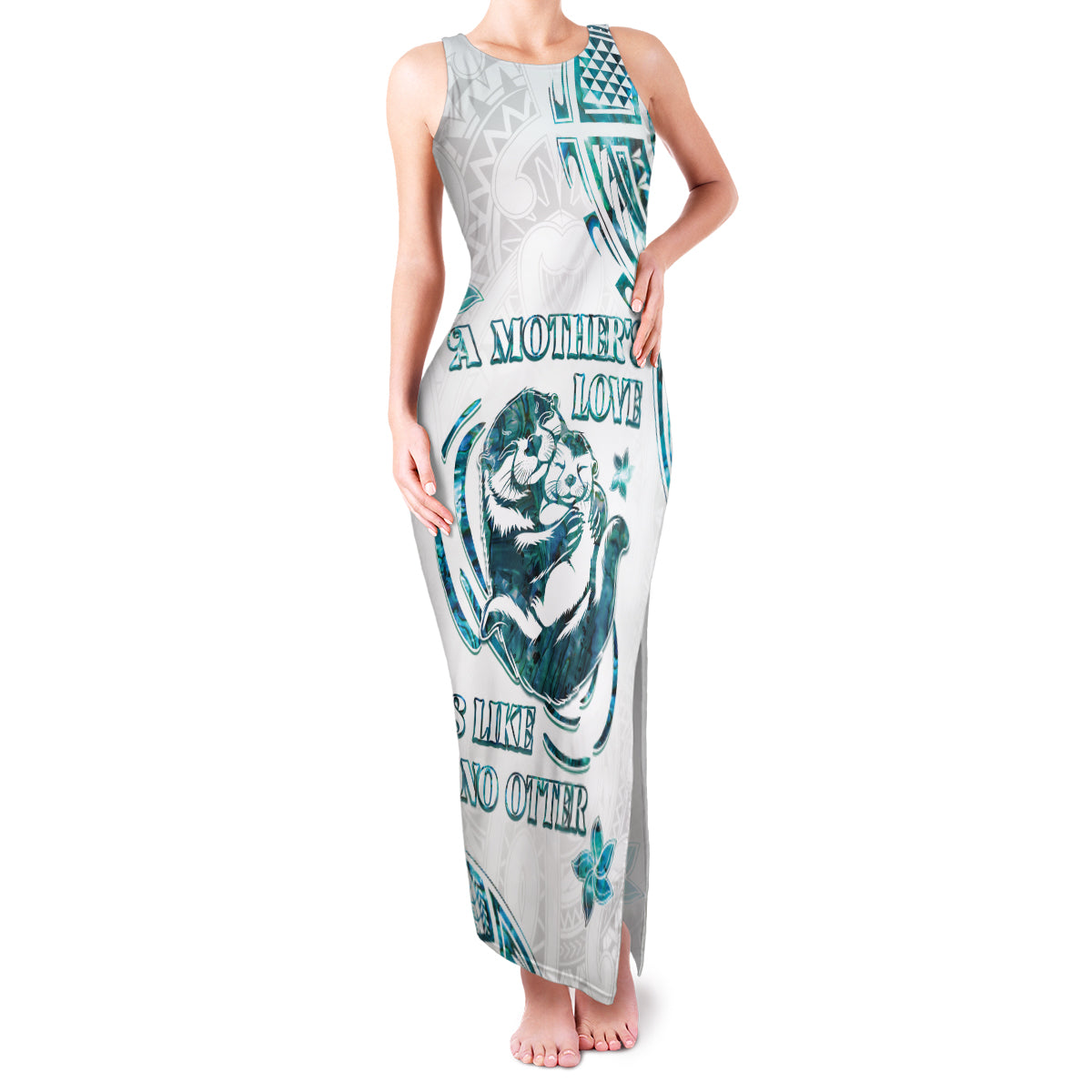 New Zealand Aotearoa Hari Ra Mama Family Matching Tank Maxi Dress and Hawaiian Shirt A Mother's Love Is Like No Otter LT05 Mom's Dress White - Polynesian Pride