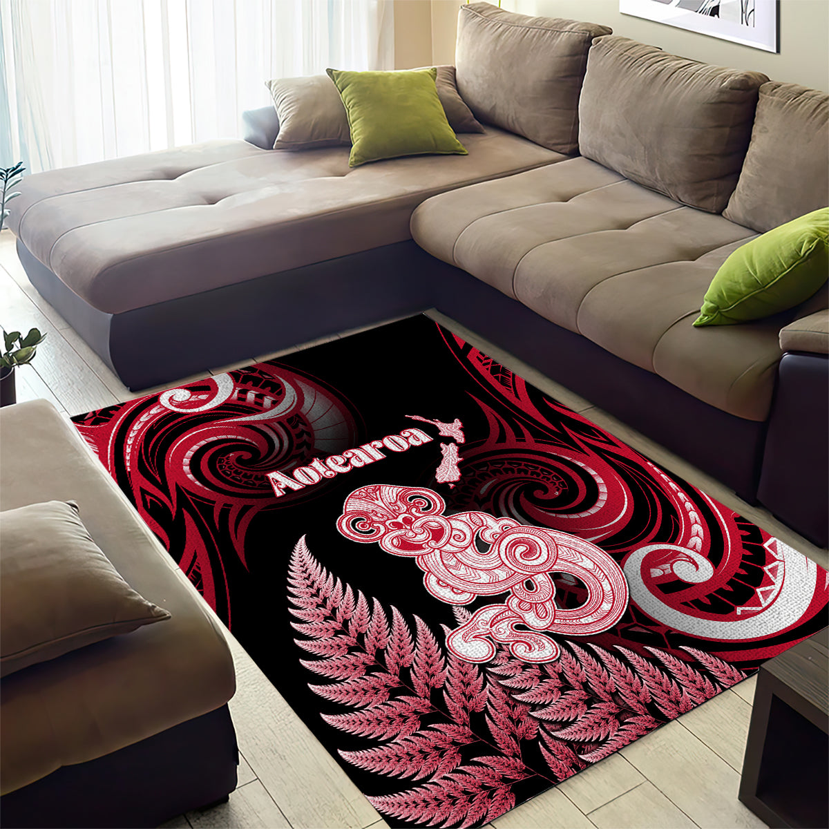 New Zealand Maori Taniwha Area Rug Silver Fern Red Version