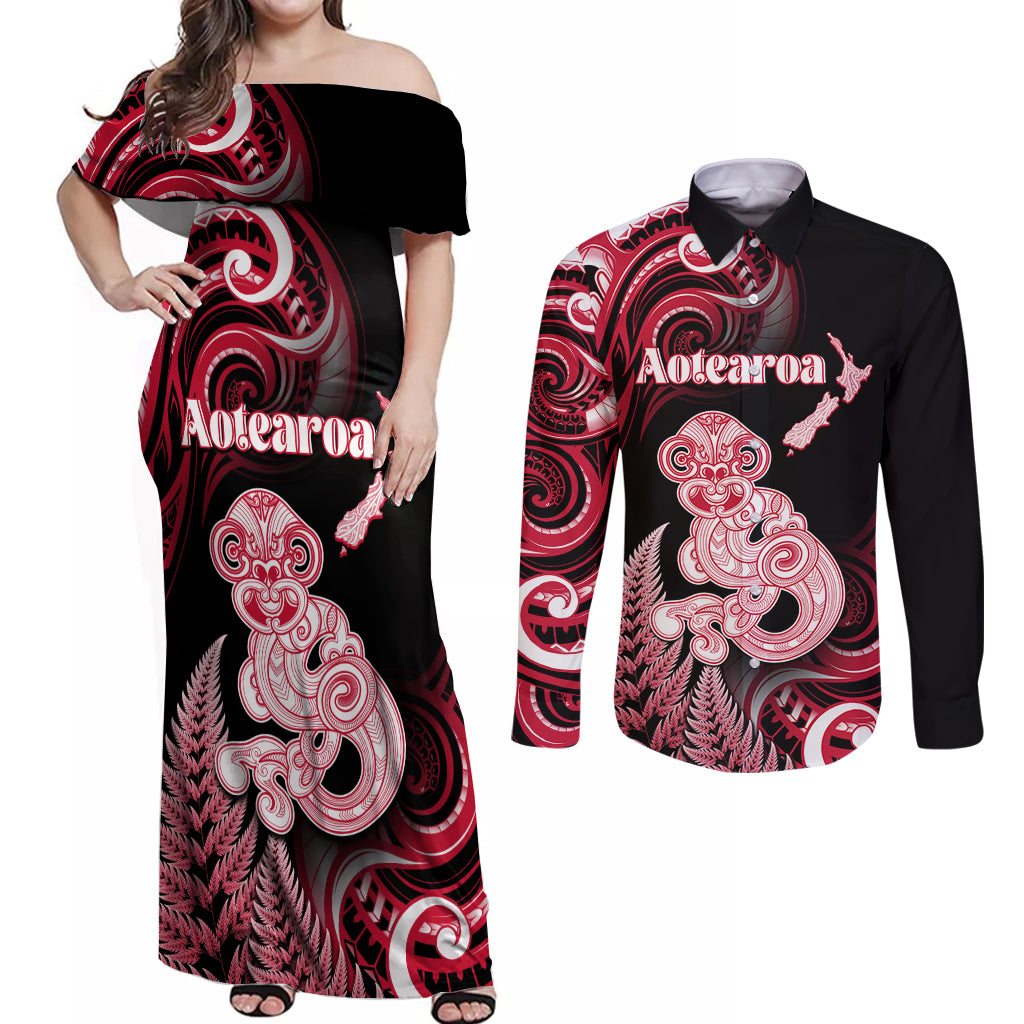 Personalised New Zealand Maori Taniwha Couples Matching Off Shoulder Maxi Dress and Long Sleeve Button Shirt Silver Fern Red Version LT05 Red - Polynesian Pride