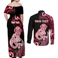 Personalised New Zealand Maori Taniwha Couples Matching Off Shoulder Maxi Dress and Long Sleeve Button Shirt Silver Fern Red Version LT05 - Polynesian Pride