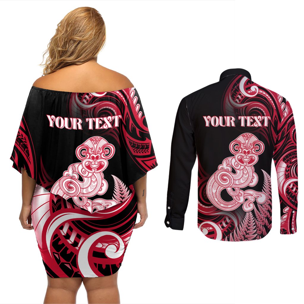 Personalised New Zealand Maori Taniwha Couples Matching Off Shoulder Short Dress and Long Sleeve Button Shirt Silver Fern Red Version LT05 - Polynesian Pride