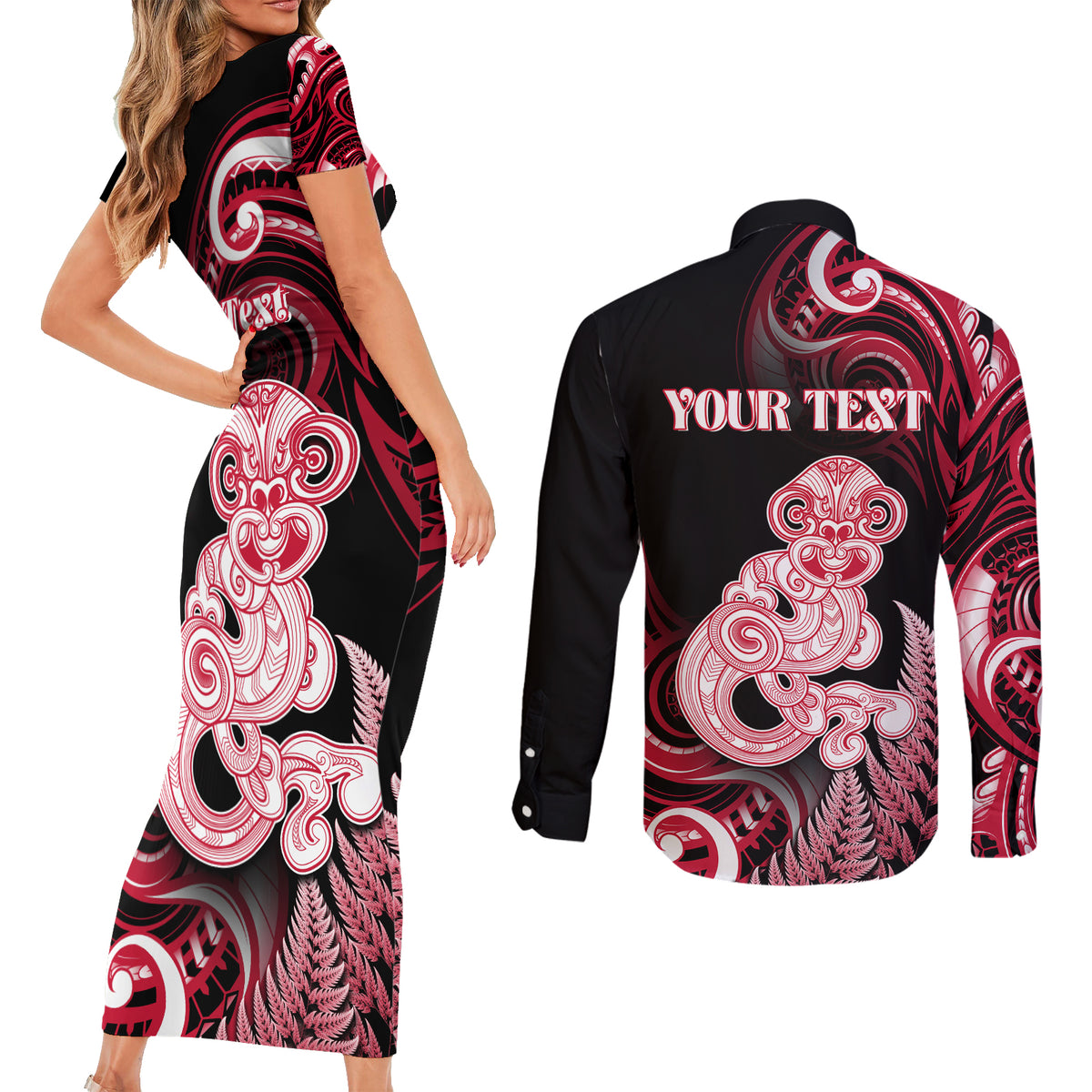 Personalised New Zealand Maori Taniwha Couples Matching Short Sleeve Bodycon Dress and Long Sleeve Button Shirt Silver Fern Red Version