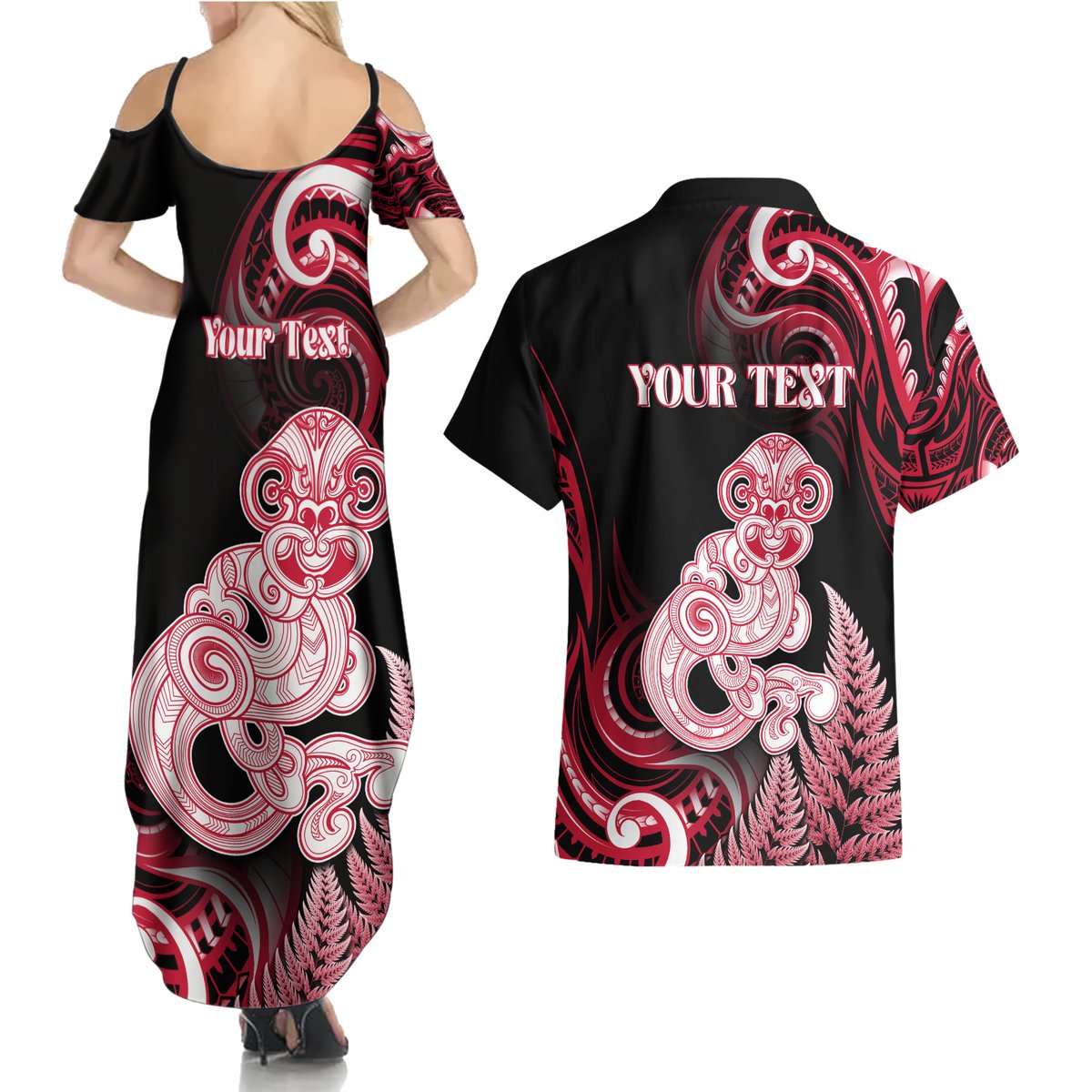 Personalised New Zealand Maori Taniwha Couples Matching Summer Maxi Dress and Hawaiian Shirt Silver Fern Red Version