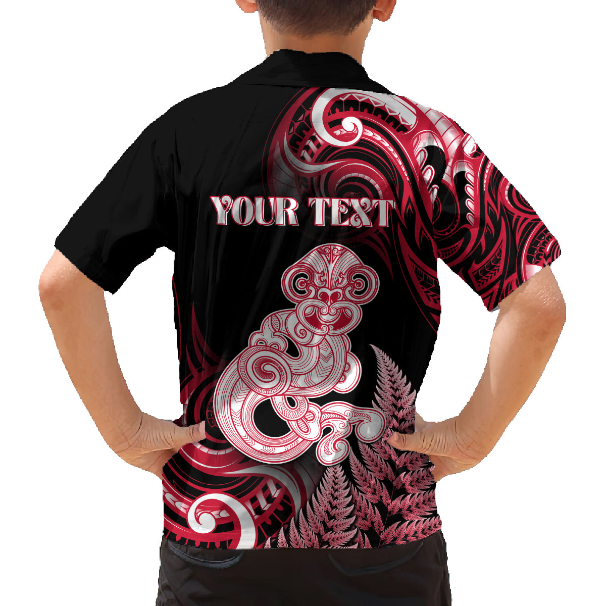 Personalised New Zealand Maori Taniwha Family Matching Long Sleeve Bodycon Dress and Hawaiian Shirt Silver Fern Red Version