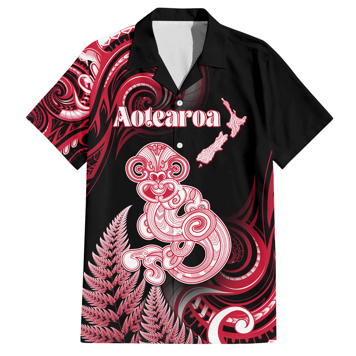 Personalised New Zealand Maori Taniwha Family Matching Long Sleeve Bodycon Dress and Hawaiian Shirt Silver Fern Red Version