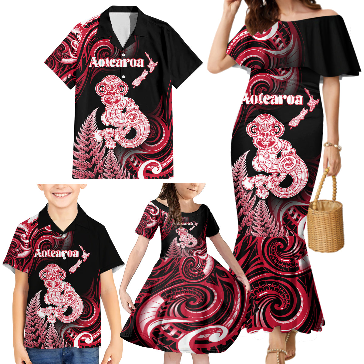 Personalised New Zealand Maori Taniwha Family Matching Mermaid Dress and Hawaiian Shirt Silver Fern Red Version LT05 - Polynesian Pride