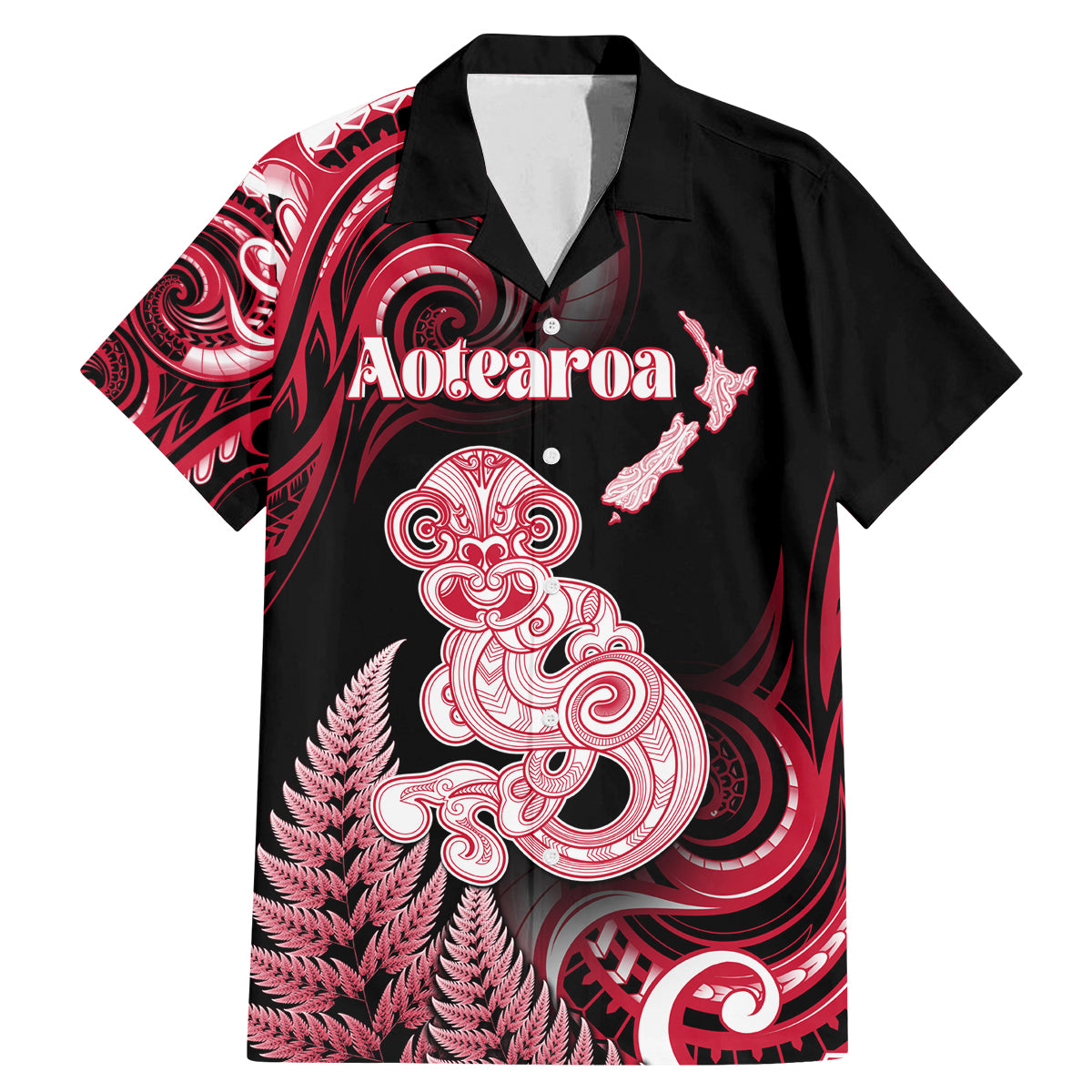 Personalised New Zealand Maori Taniwha Family Matching Mermaid Dress and Hawaiian Shirt Silver Fern Red Version LT05 Dad's Shirt - Short Sleeve Red - Polynesian Pride