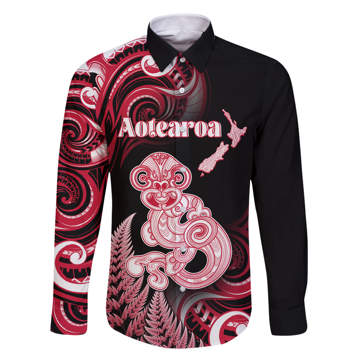 Personalised New Zealand Maori Taniwha Family Matching Off Shoulder Maxi Dress and Hawaiian Shirt Silver Fern Red Version LT05 Dad's Shirt - Long Sleeve Red - Polynesian Pride