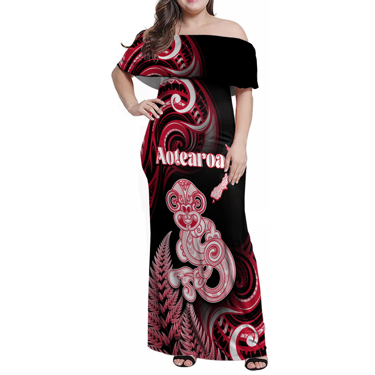 Personalised New Zealand Maori Taniwha Family Matching Off Shoulder Maxi Dress and Hawaiian Shirt Silver Fern Red Version LT05 Mom's Dress Red - Polynesian Pride