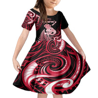 Personalised New Zealand Maori Taniwha Family Matching Off Shoulder Short Dress and Hawaiian Shirt Silver Fern Red Version LT05 Daughter's Dress Red - Polynesian Pride