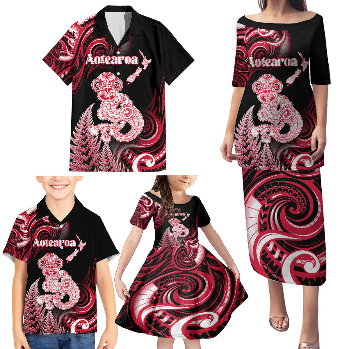Personalised New Zealand Maori Taniwha Family Matching Puletasi and Hawaiian Shirt Silver Fern Red Version LT05 - Polynesian Pride