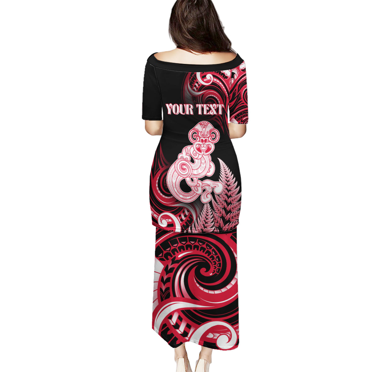 Personalised New Zealand Maori Taniwha Family Matching Puletasi and Hawaiian Shirt Silver Fern Red Version LT05 - Polynesian Pride