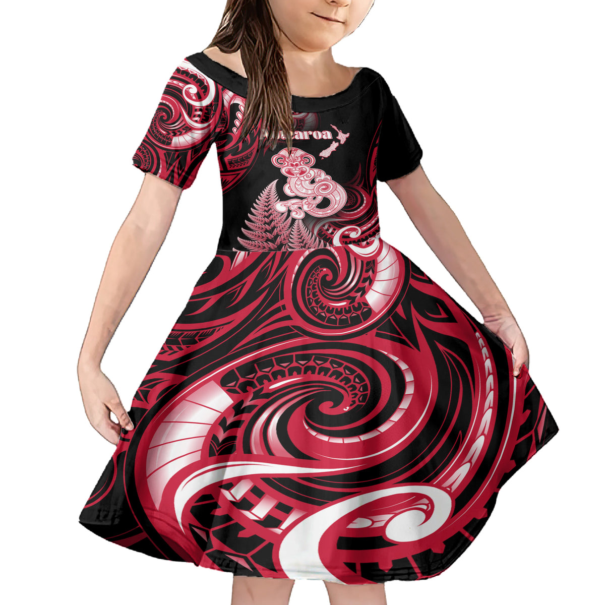 Personalised New Zealand Maori Taniwha Family Matching Short Sleeve Bodycon Dress and Hawaiian Shirt Silver Fern Red Version LT05 Daughter's Dress Red - Polynesian Pride